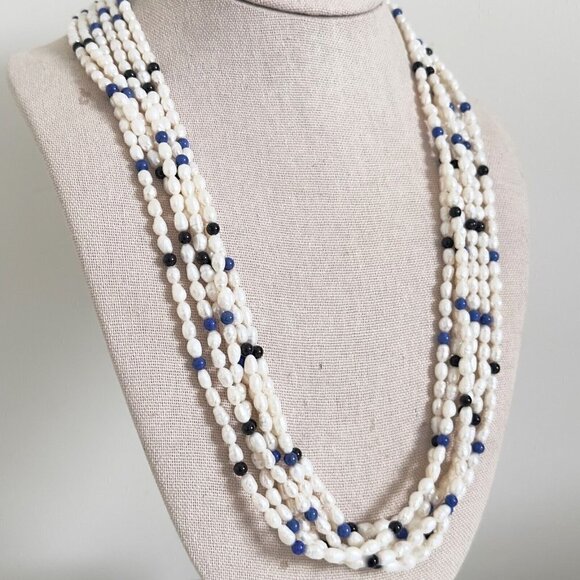 Vintage 14k Yellow Gold Pearl 6 Row Multi Strand Onyx Lapis Statement Necklace - Picture 4 of 14